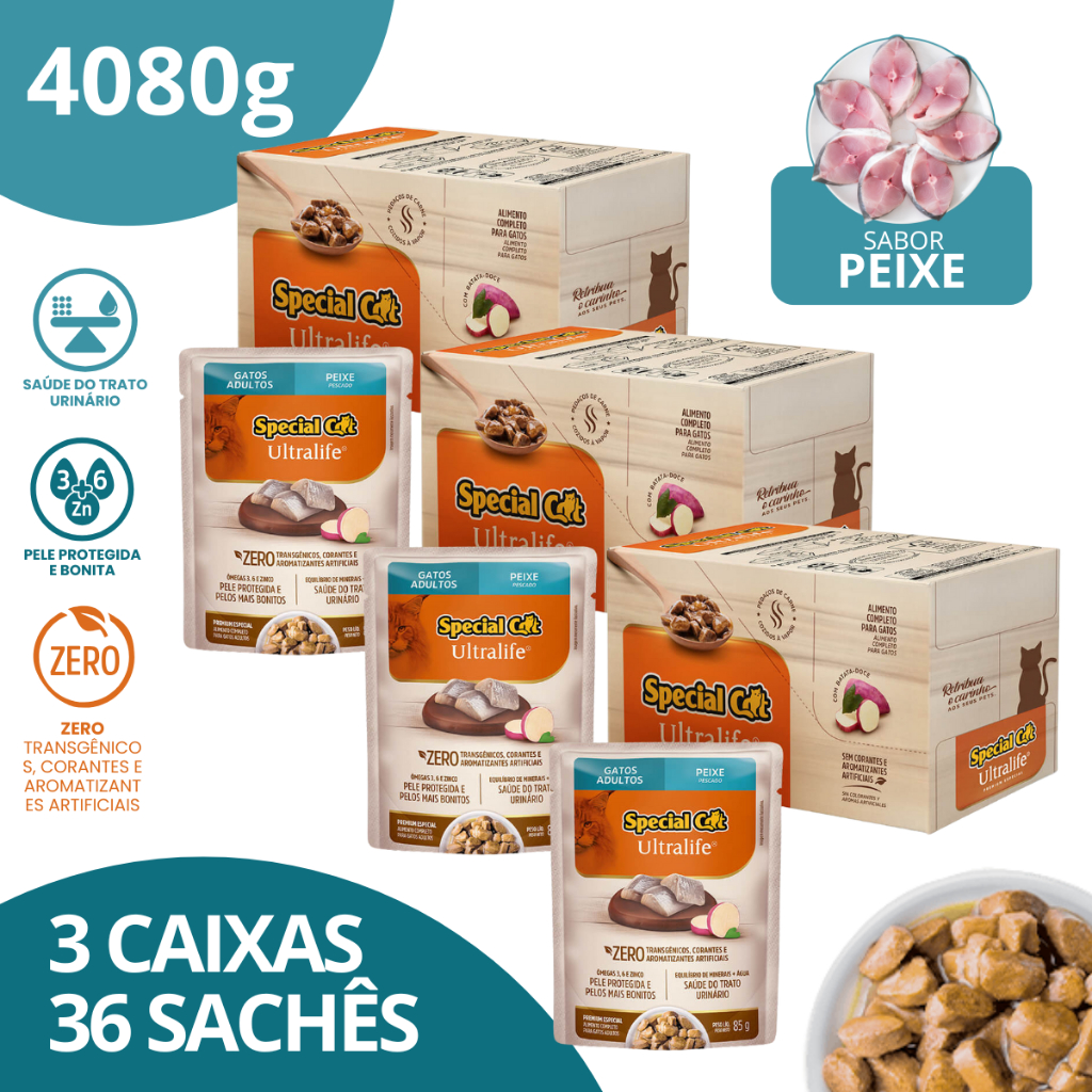 Kit 3 Caixa 12 Special Cat Ultralife Sachê Adultos Sabor Peixe - 85g
