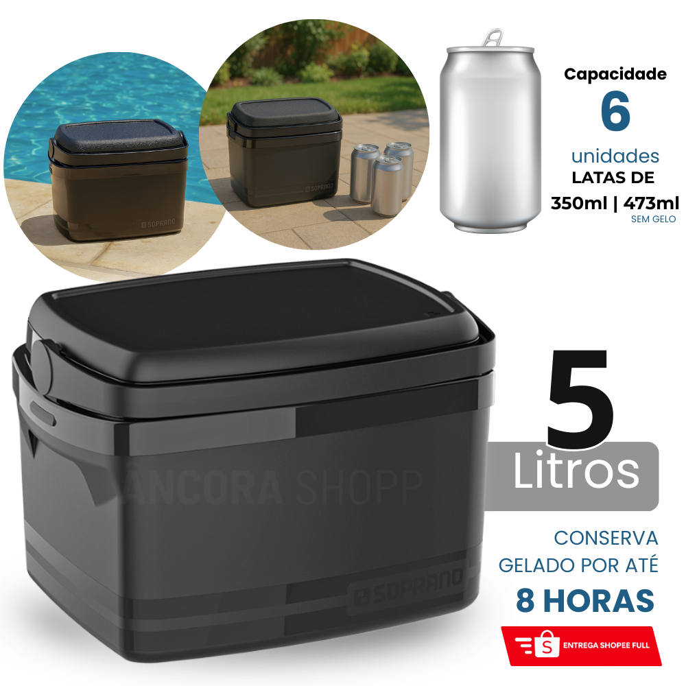 Caixa Térmica  Porta Latas e Garrafa 5 Litros com Alça Soprano Cooler Térmico Preto