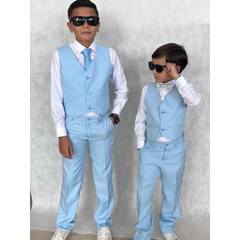 Colete + Calça Social Kids Tecido Microfibra Cor Azul Bebê 04 ao 16