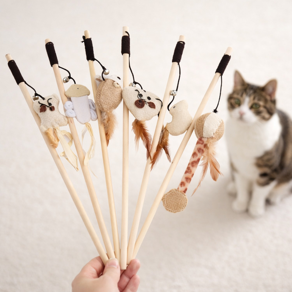6 Varinha Interativa para Gatos ou 3 e 1 Un com Penas Sino e Rato Brinquedo Estímulo Caça Pet