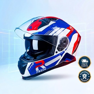 Capacete Moto RaceTech Volt Track Com Óculos Interno Viseira Solar Motociclista Branco Azul Vermelho em Oferta na Shopee