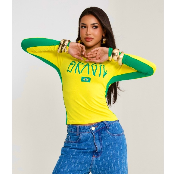 Blusa feminina manga longa BRASIL Trend 2000s COM BANDEIRA moda gola V tecido visco lycra copa do mundo