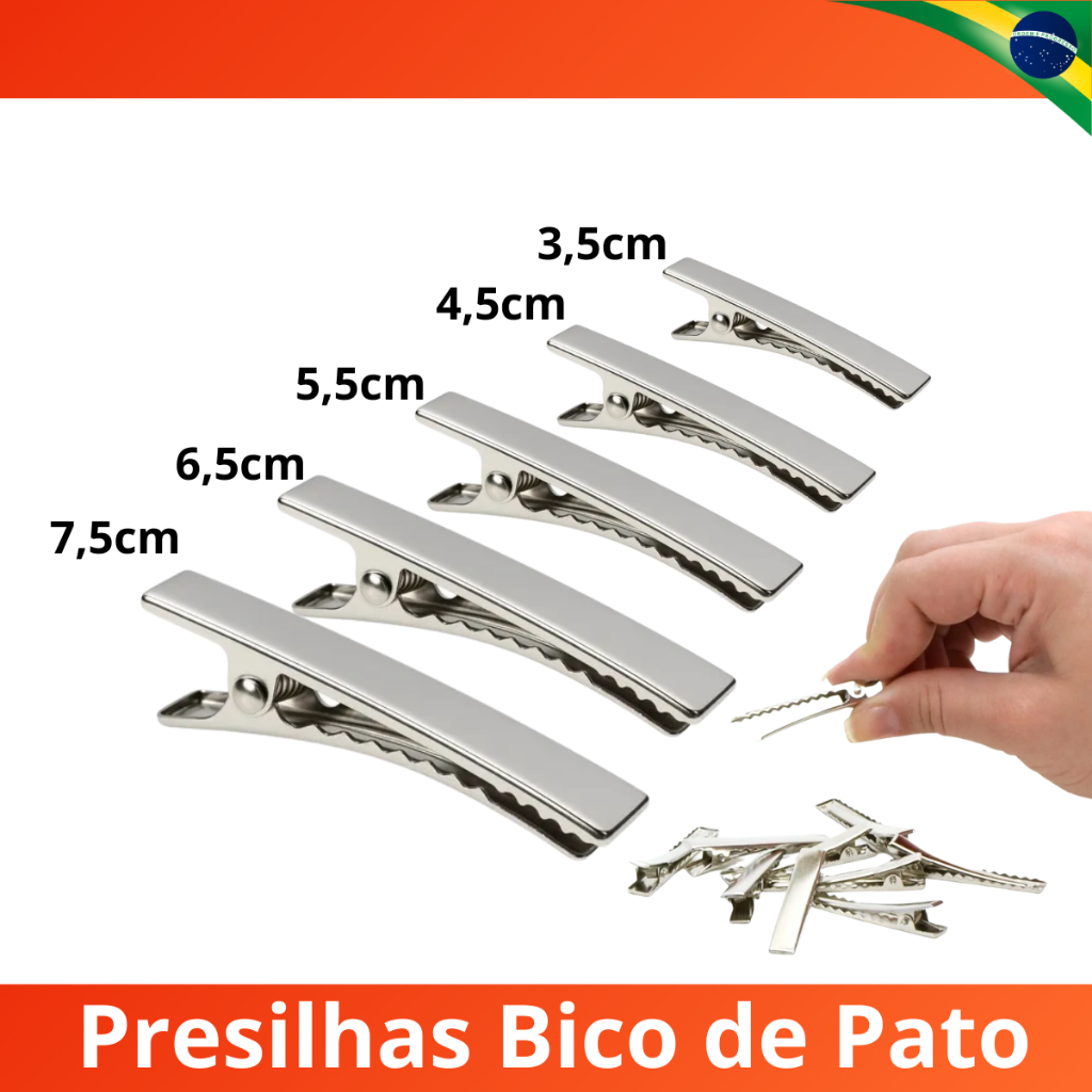 Presilha Bico De Pato Kit 50 /100 Unidades Jacaré Prata 3.5cm a 7.5 cm c/ Duas Garras Cabelo Metal