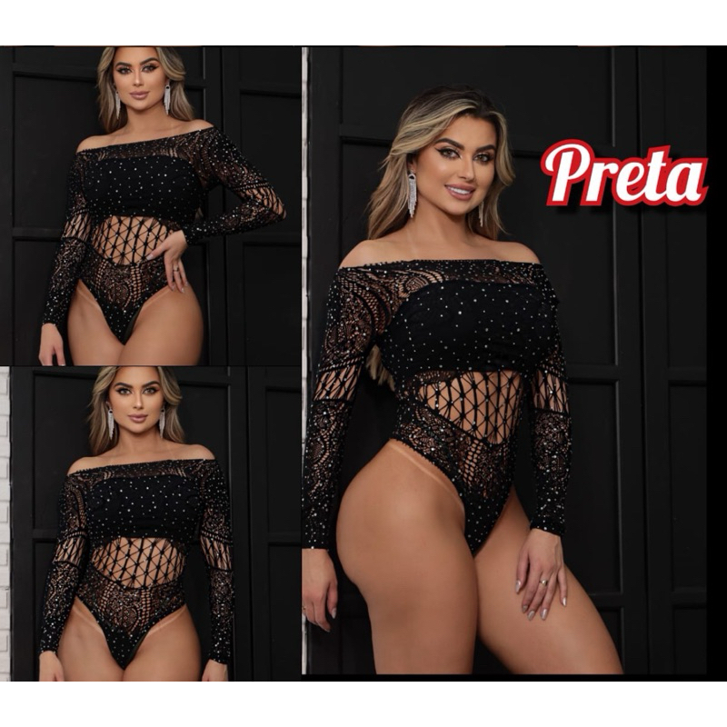 Blusa Body Bodie Manga Longa Arrastão Pedraria Brilho Strass Aplicação Festa Noite Balada Festival Show Eventos Gringa