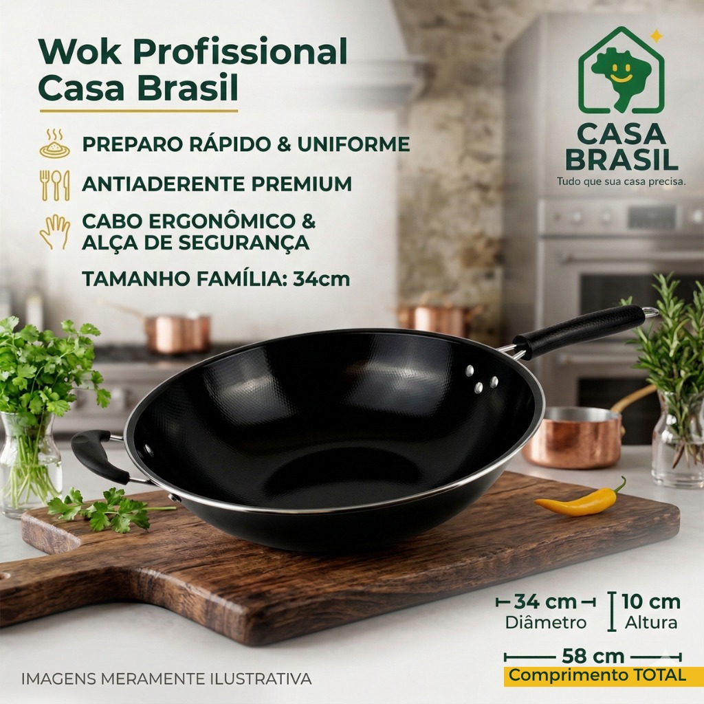 Imagem Frigideira Wok 34cm Profissional Antiaderente Grande Yakisoba Com Alça Auxiliar Inmetro Promoção