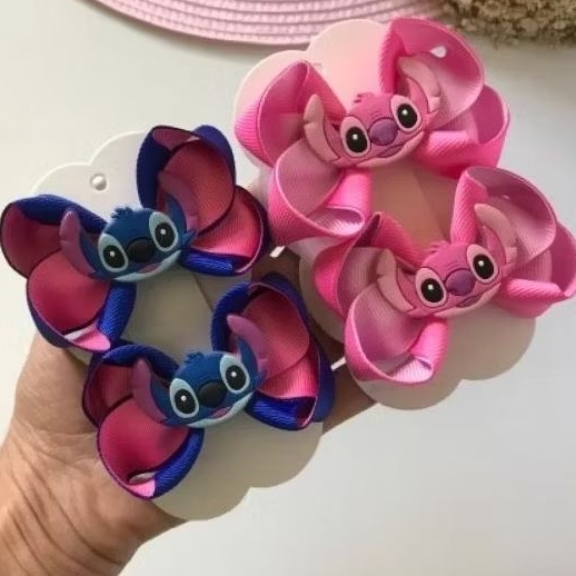 Laço Infantil Stitch Parzinho Rosa e Azul – Laço Boutique com Personagem, Não Escorrega no Cabelo em Oferta na Shopee