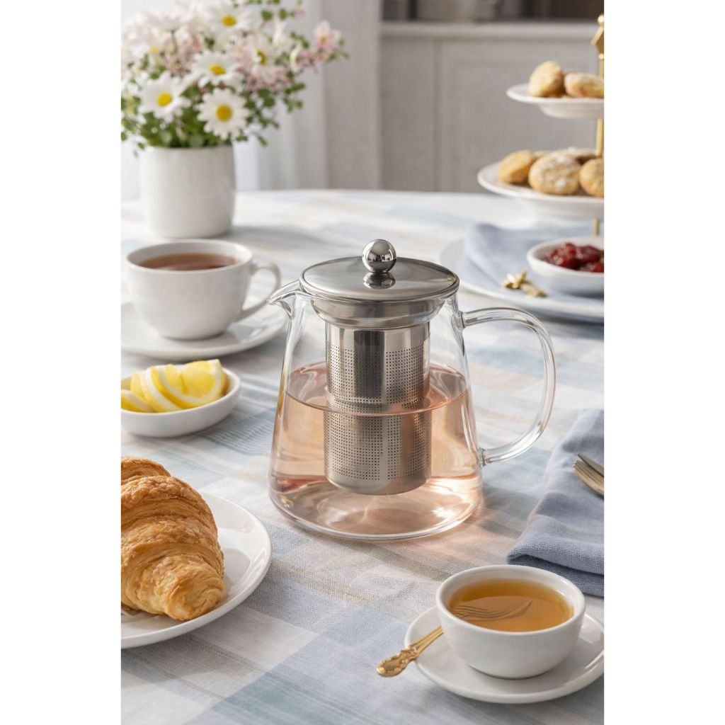 Bule Chaleira 750 ml com Infusor e tampa Inox Vidro Borossilicato Chá infusão rápida sem sujeira