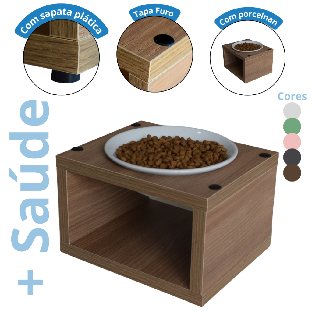 Comedouro Bebedouro Elevado Pet MDF Simples Tigela Inox Porcelana Gato Cachorro Design Moderno Luke