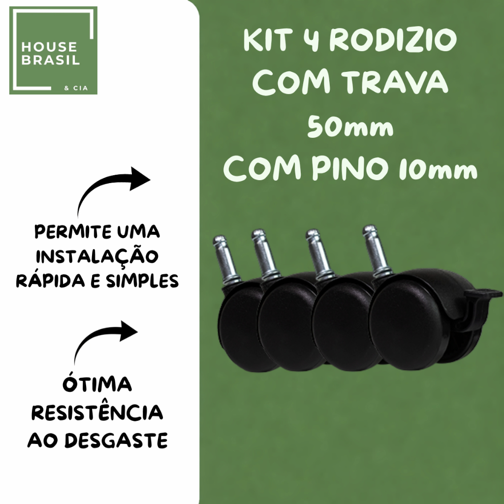 Kit 4 Rodízio 50mm e Pino 10mm para Cestos Cadeira de Escritório e Gamer Alta Durabilidade