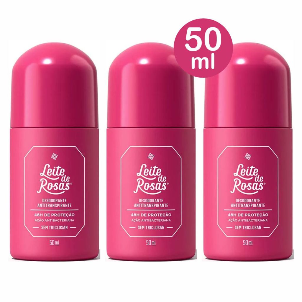 Kit 3 Desodorante Roll on Leite de Rosas 48h Tradicional 50ml