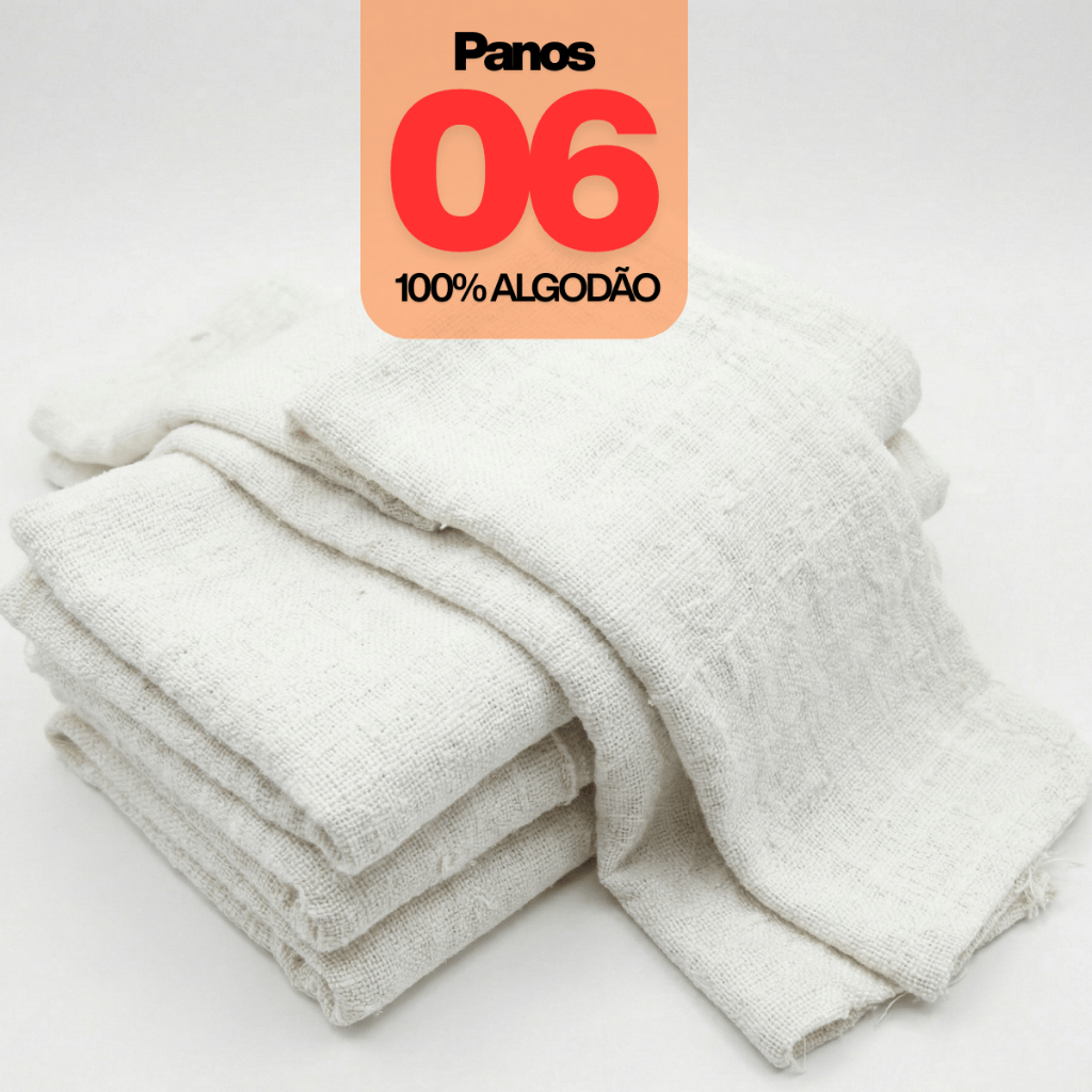 Kit 6 Panos De Chão Grande Alvejado Branco 62x42 Saco Duplo 100% Algodão Costura Reforçada