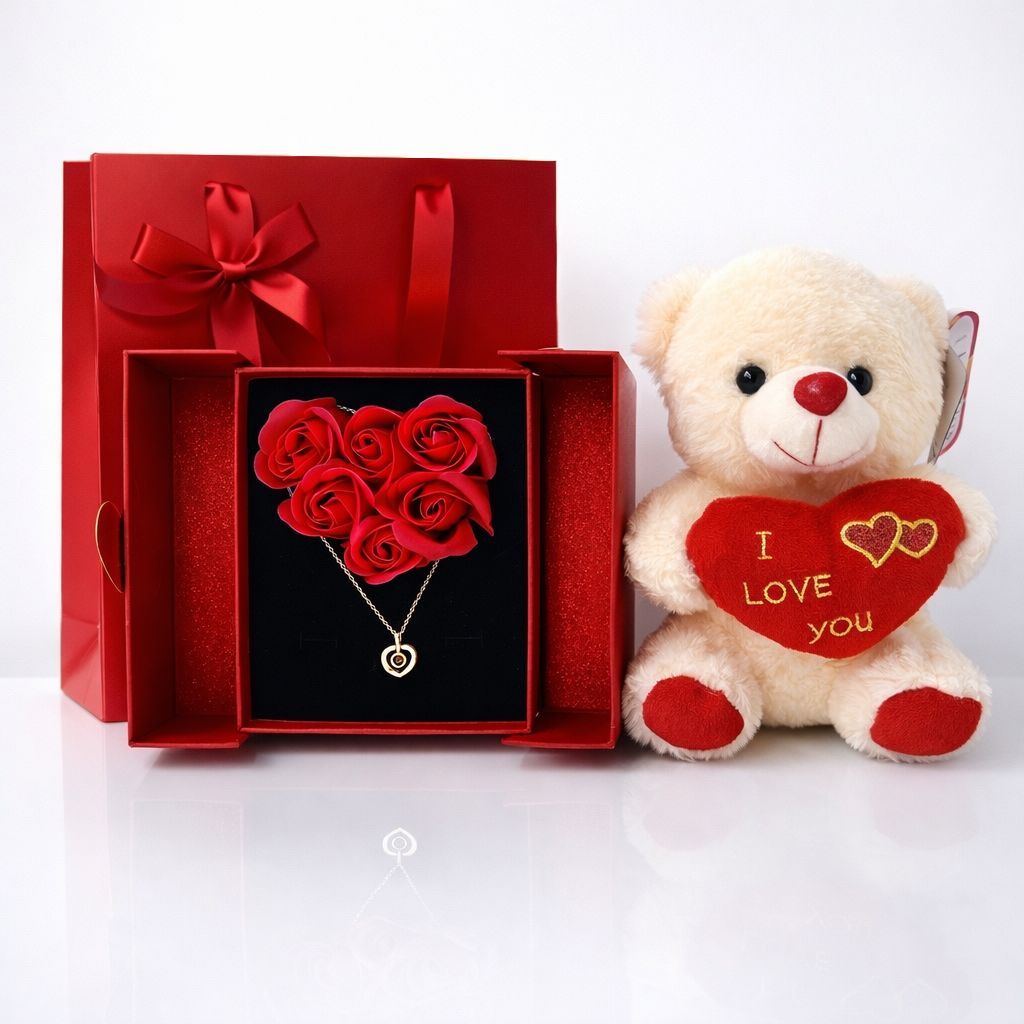 Kit Presente Colar Coração Com Escrita Eu Te Amo  + Caixa Presente + Urso Presente Perfeito em Oferta na Shopee