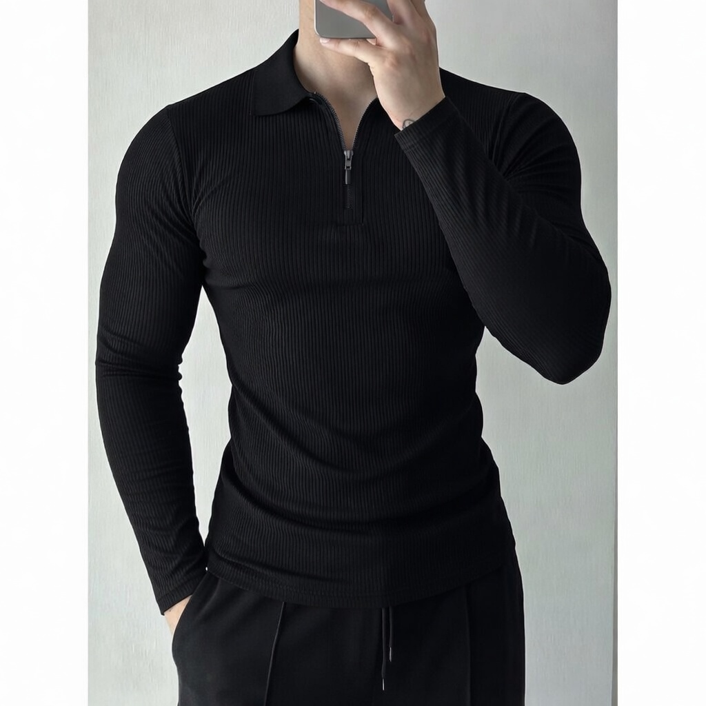 Polo Manga Longa Masculina Canelada Premium Slim com Zíper