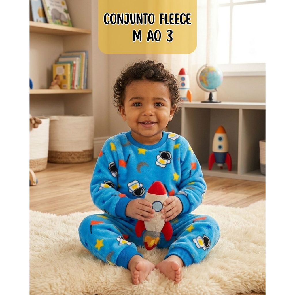 Conjunto de Frio Infantil Menino Fleece Peludinho Inverno Blusa Manga Longa Calça M ao 3