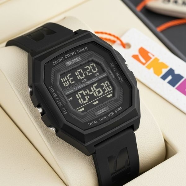 Relógio Masculino Digital Skmei 2282 Preto Quadrado Resistente à Água 5 ATM Dual Time Cronômetro Garantia 1 Ano