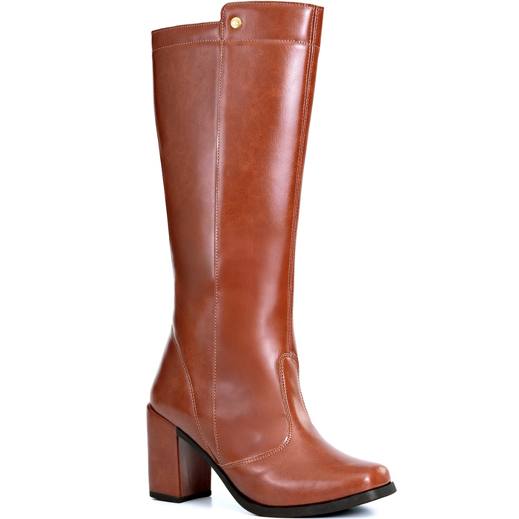 Bota Feminina Lumiss Cano Alto Salto Alto Bloco Confortável Bico Quadrado Caramelo em Oferta na Shopee