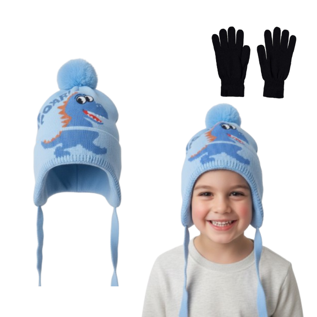 Kit Touca Infantil Inverno Gorro Kids + Luva Preta dinossauro e unicornio