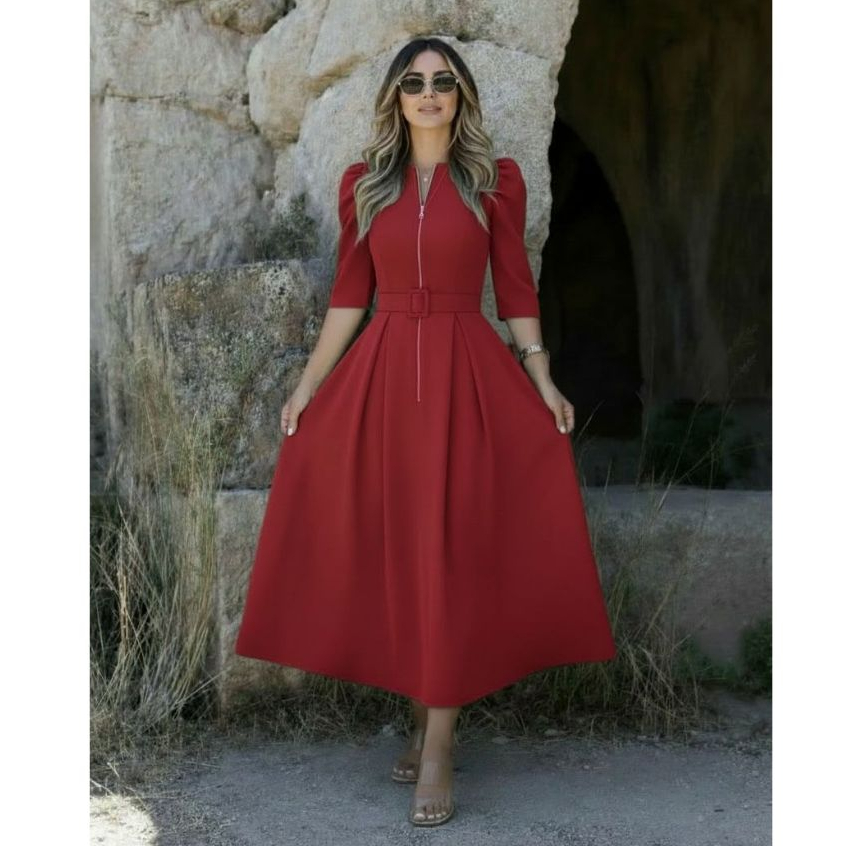 Vestido super midi no crepe alfaiataria, zíper na frente, essencial para amamentação com bolso, cinto do mesmo tecido