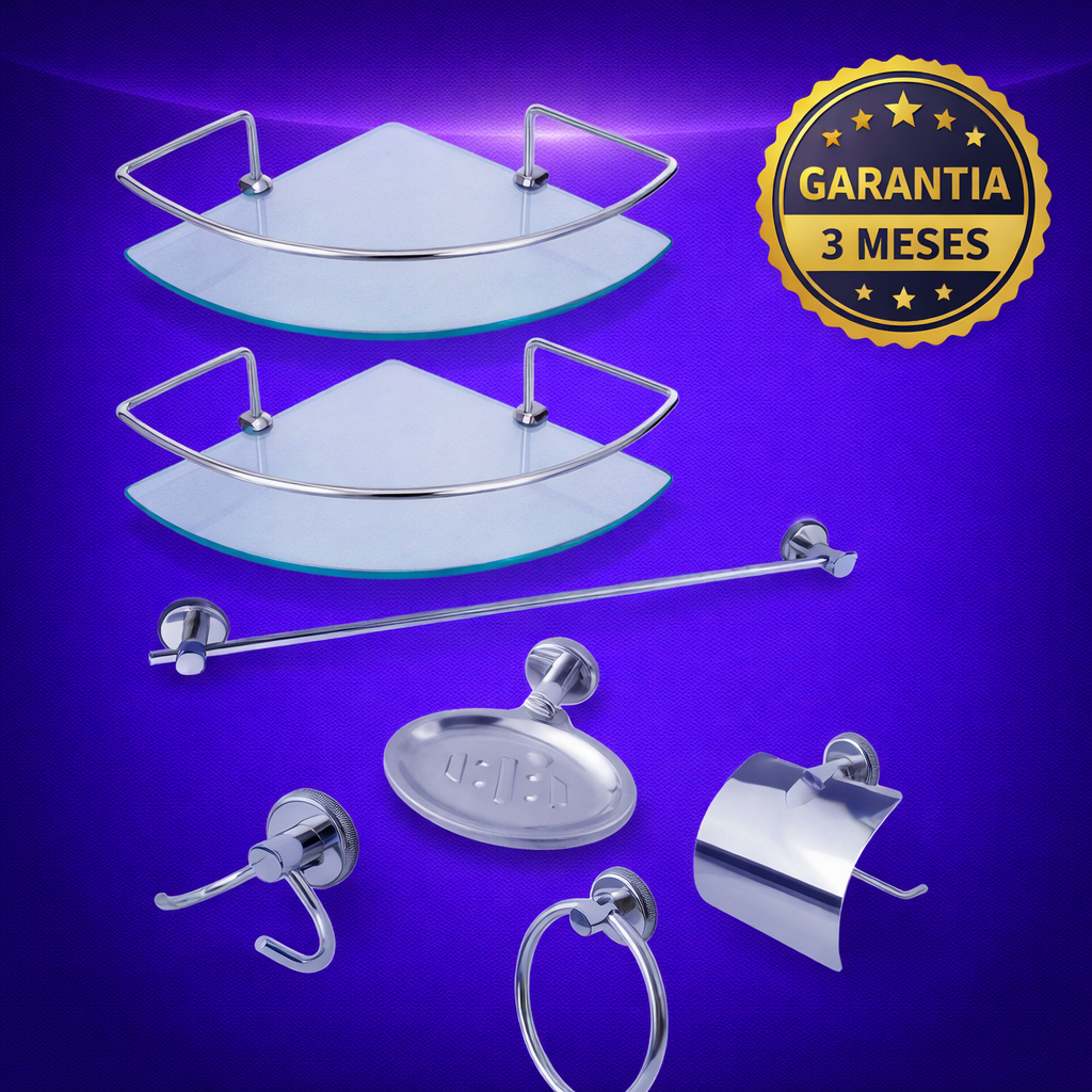 Kit Acessórios Banheiro Stander 5 Peças + 2 Porta Shampoo Canto Com Haste Vidro Incolor em Oferta na Shopee