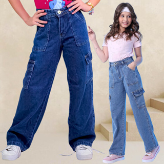 Calça Jeans Wide Leg Infantil Menina Cargo Cintura Alta Perna Larga em Oferta na Shopee