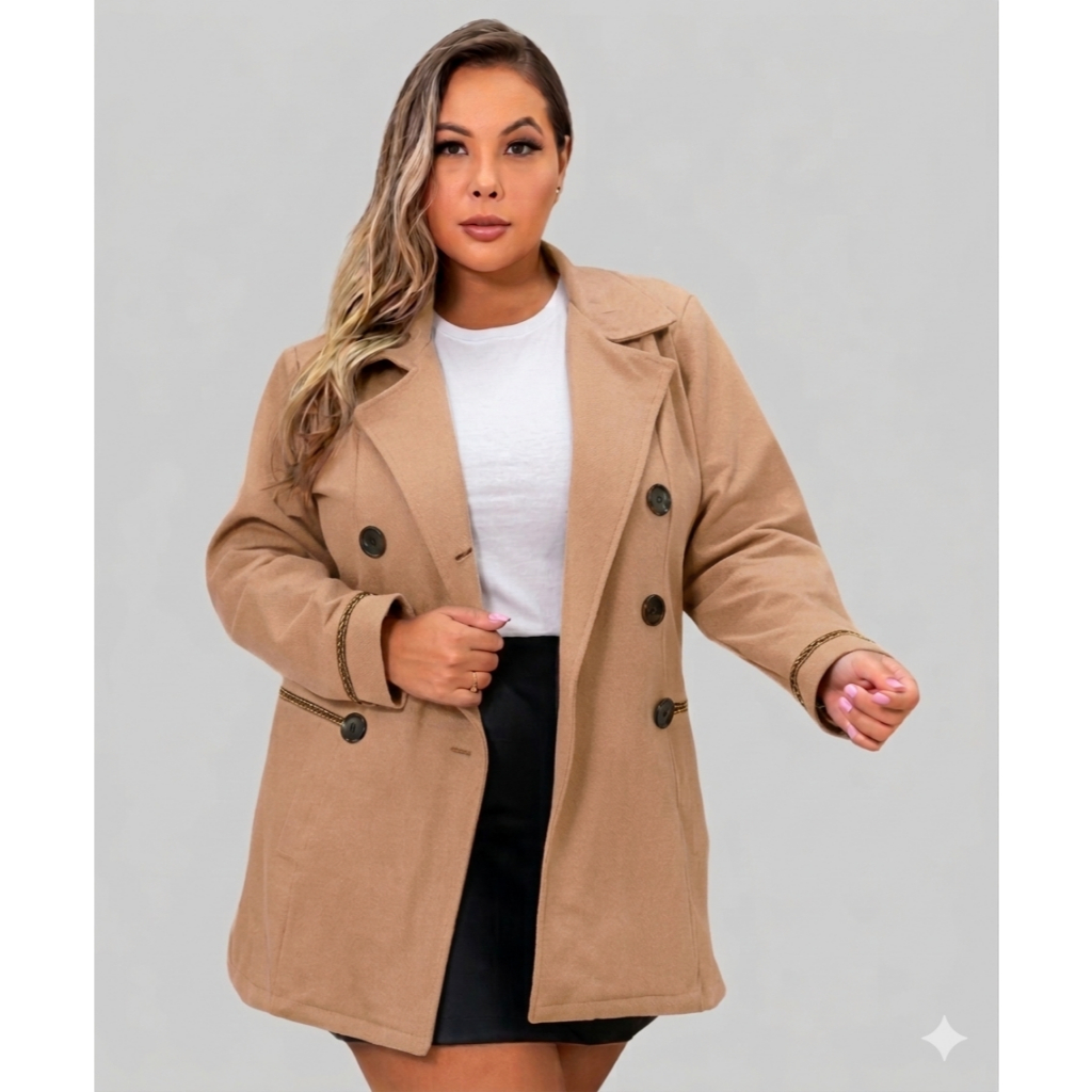Casaco Longo Feminino Plus Size G1 G2 G3  LÃ BATIDA Com Botões E Bolsos Gola Redobrável Inverno Premium