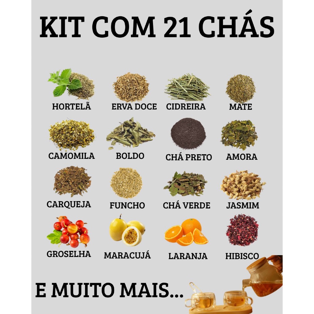 Chá 21 Ervas Hortelã, Erva doce, Cidreira, Mate, Camomila, chá preto, Amora, Carqueja, Maracujá, Hibisco e muito mais