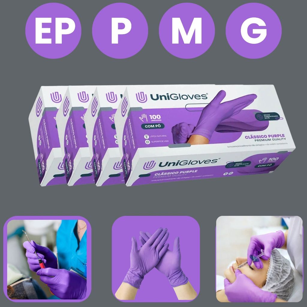 Luva Para Procedimentos Unigloves Clássico Purple Com Pó Látex Natural EP P M e G