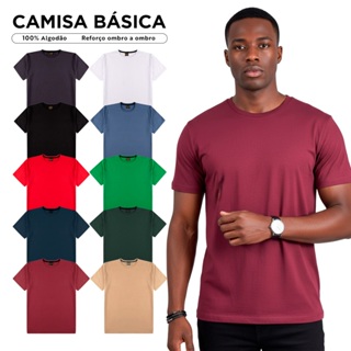 Kit 4 Camisetas Básicas Masculina 100% Algodão Reforço Ombro a Ombro - Camiseta Masculina em Oferta na Shopee