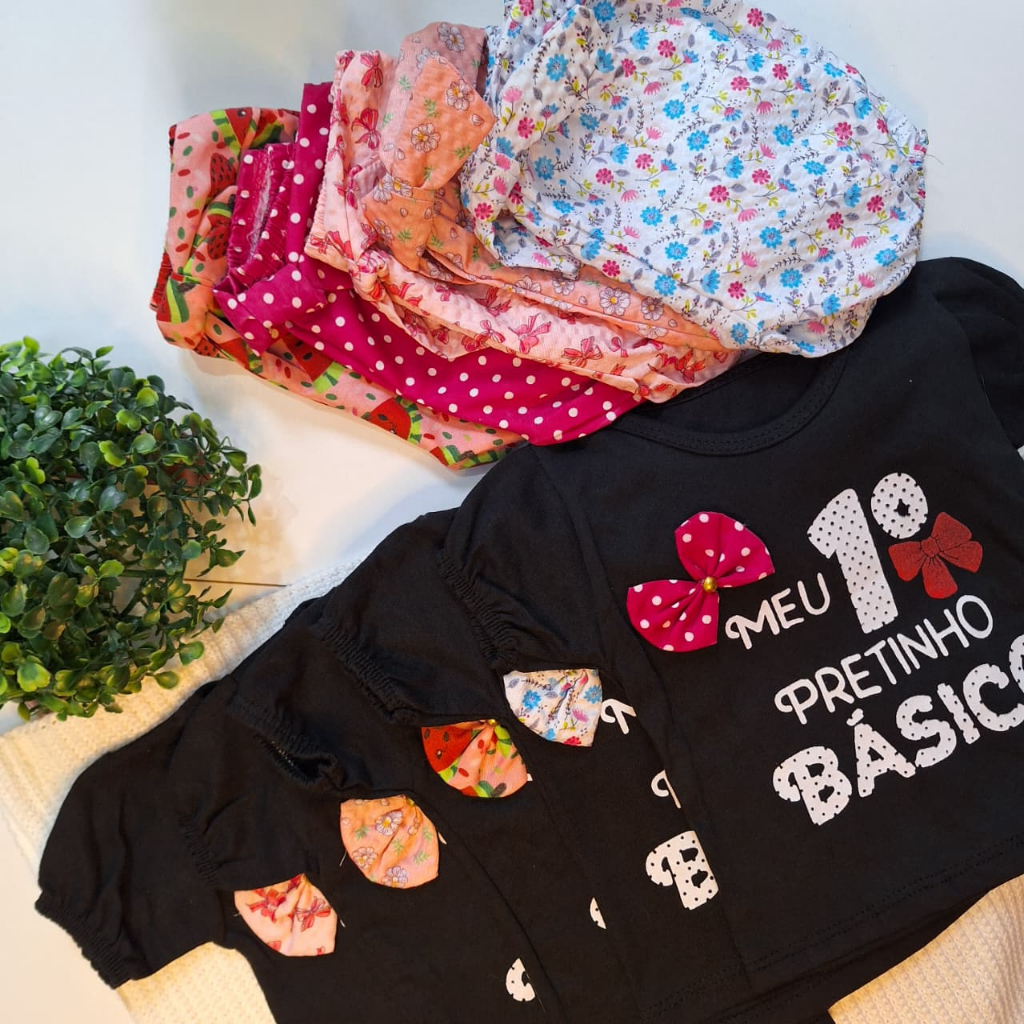 Conjunto infantil bebê feminino, short + blusa meu primeiro pretinho básico.
