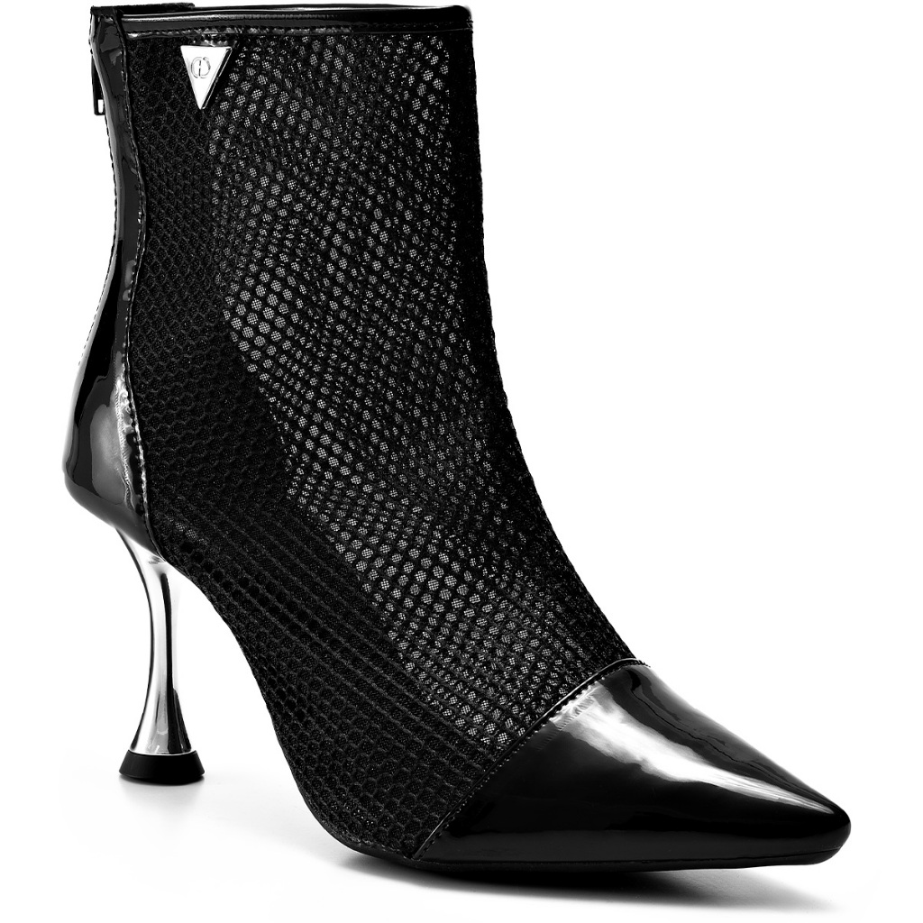 Bota Feminina Lumiss Cano Curto Salto Alto Fino Metalizado Bico Fino Tela