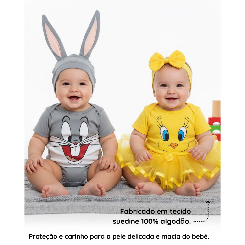 Body Bebe  Temático Mesversario Infentil - Fantasia Dos Looney Tunes - Perna Longa