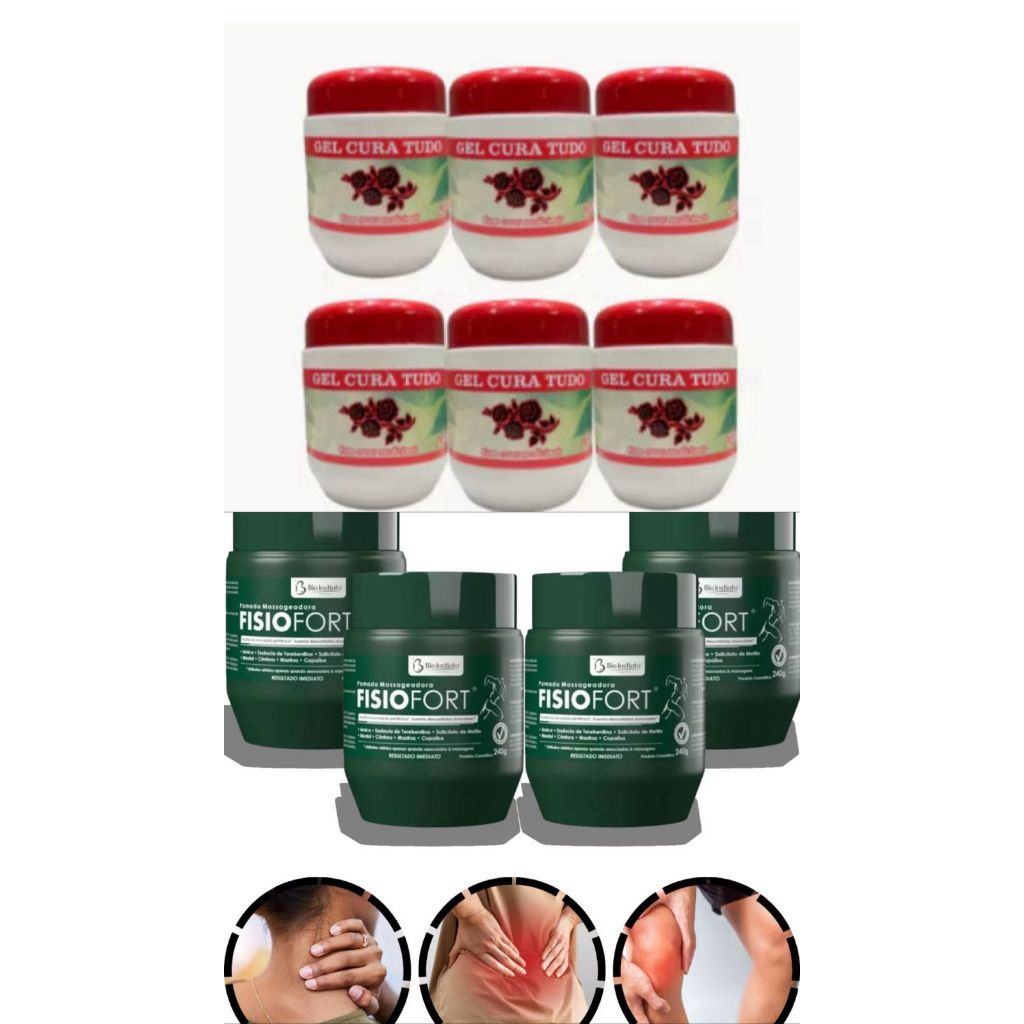 Kit 6 Fisiofort Verde 240g pote Anti-inflamatória E 6 Gel Tampa Vermelha 240g Alivio Muscular