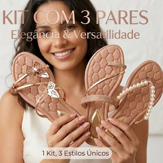 kit com 3 Pares de Sandálias Feminina Rasteirinha com Brilho Perolas Borboletas Antiderra…