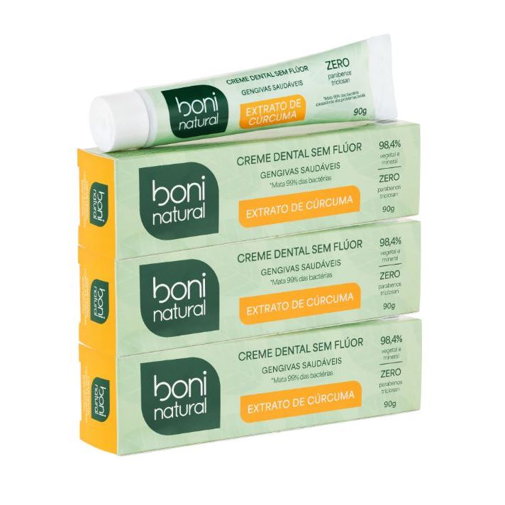 Kit 3 Cremes Dentais Hortelã e Cúrcuma 90g Boni Natural