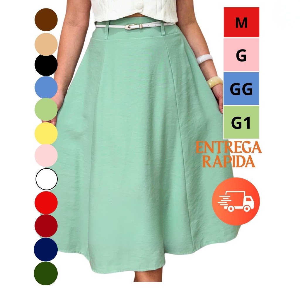 Saia Midi Feminina Cintura Alta com Elástico na Costa Moda Elegante Casual e Evangélica em Oferta na Shopee