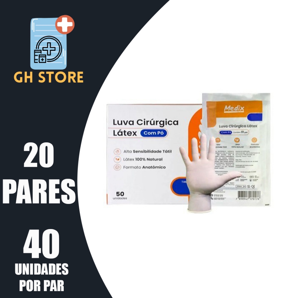 KIT 20 Pares Luva Cirúrgica Estéril 6,5/7,0/7,5/8,0/8,5 - MEDIX em Oferta na Shopee