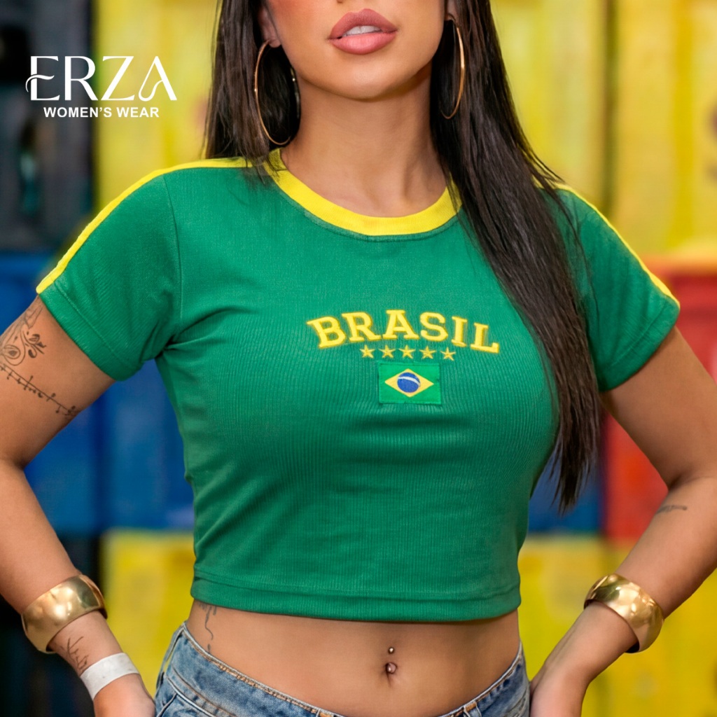 Cropped do Brasil Feminina Ribana Canelada Bordada Copa do Mundo Rio de Janeiro Verão Praia 2026 em Oferta na Shopee