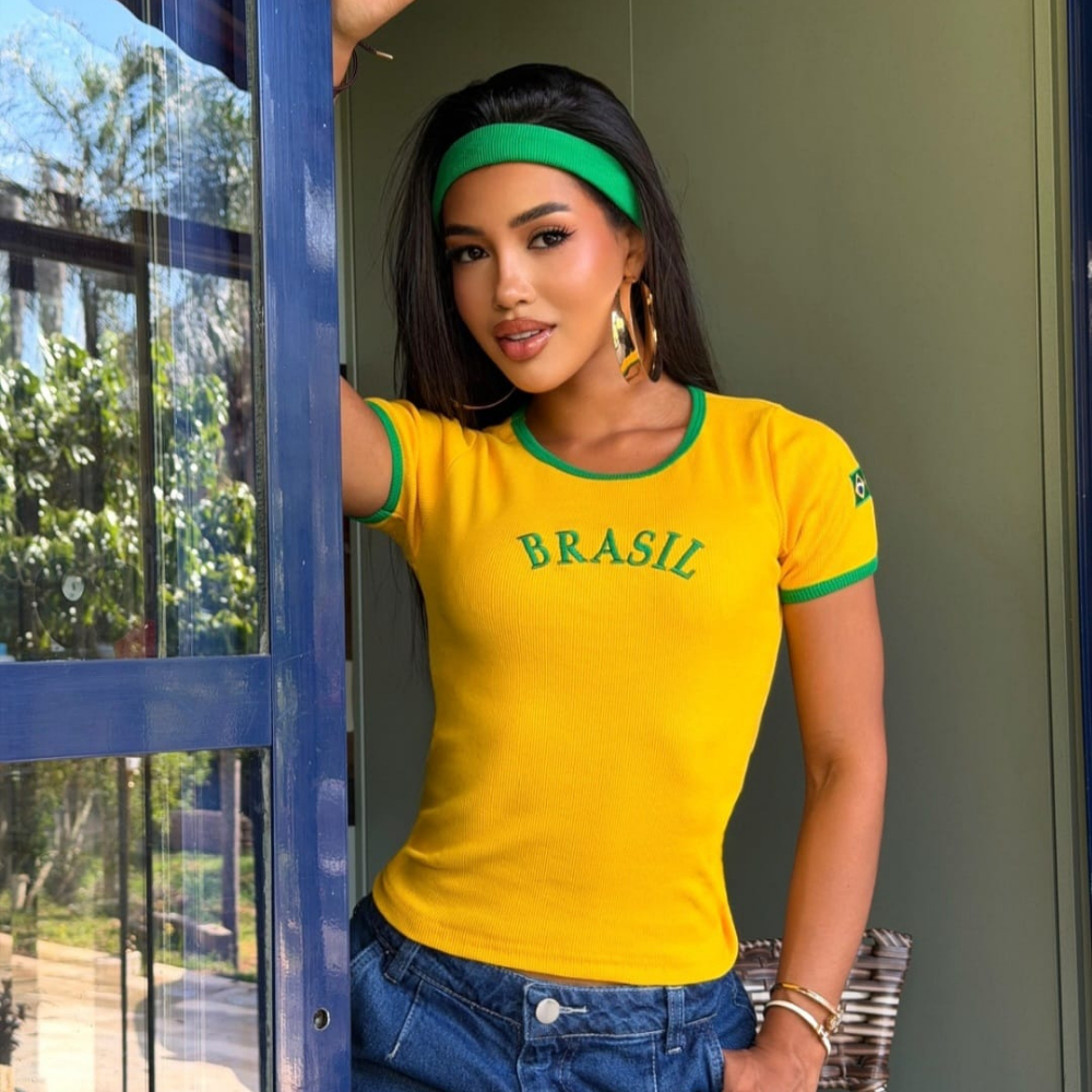 Blusa Feminina BRASIL Manguinha Camiseta Canelada Ribana Copa do Mundo Blogueira Verão