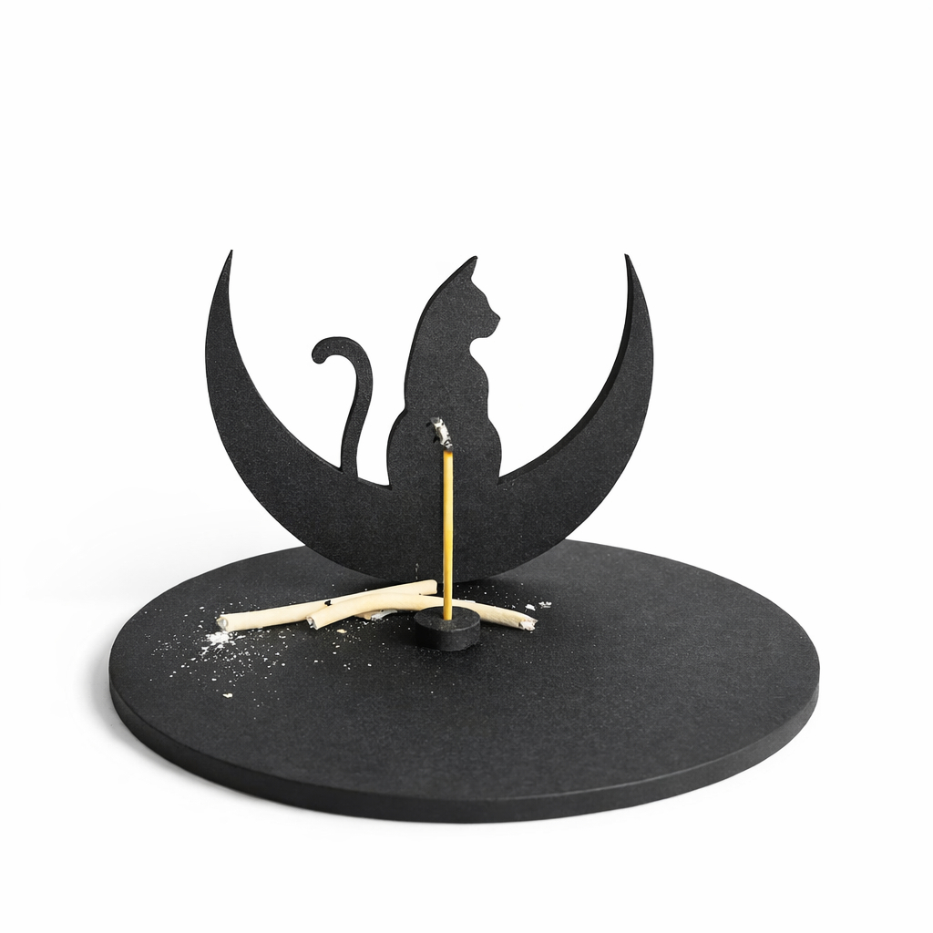Imagem Porta Incenso Incensário Decorativo 3d Gato Mistico Signos Lua Estrelas Madeira MDF Preto Dourado