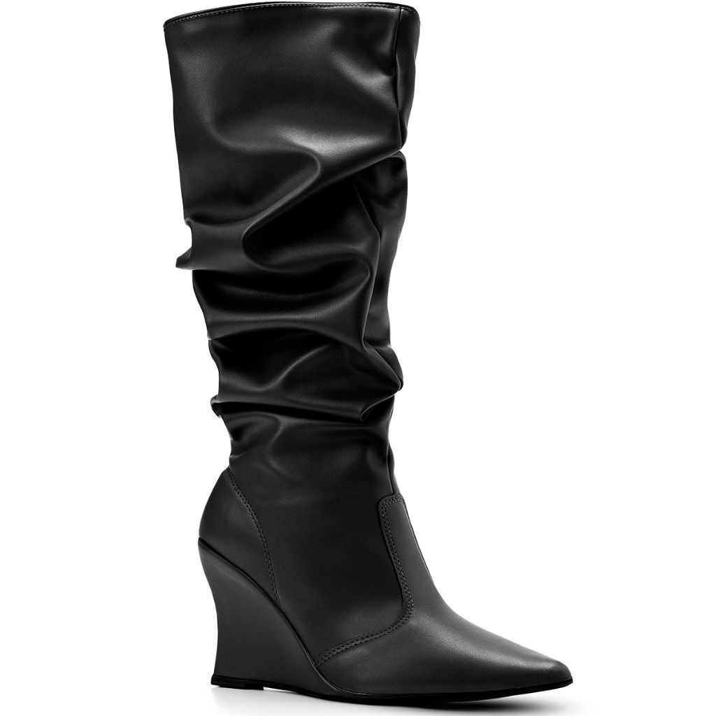 Bota Feminina Lumiss Slouchy Enrugada Cano Longo Salto Anabela Bico Fino Preto em Oferta na Shopee