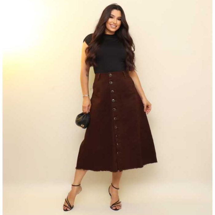 Saia Jeans Longa Elegante Evangélica Botões Cintura Alta Marrom Escuro Bolsos Cristã em Oferta na Shopee