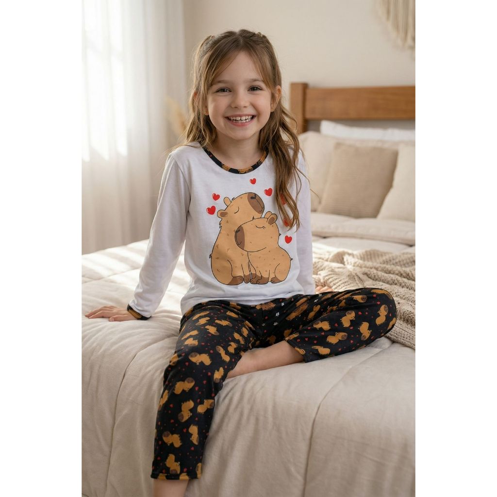 Pijama de frio infantil capivara blusa de frio e calça inverno