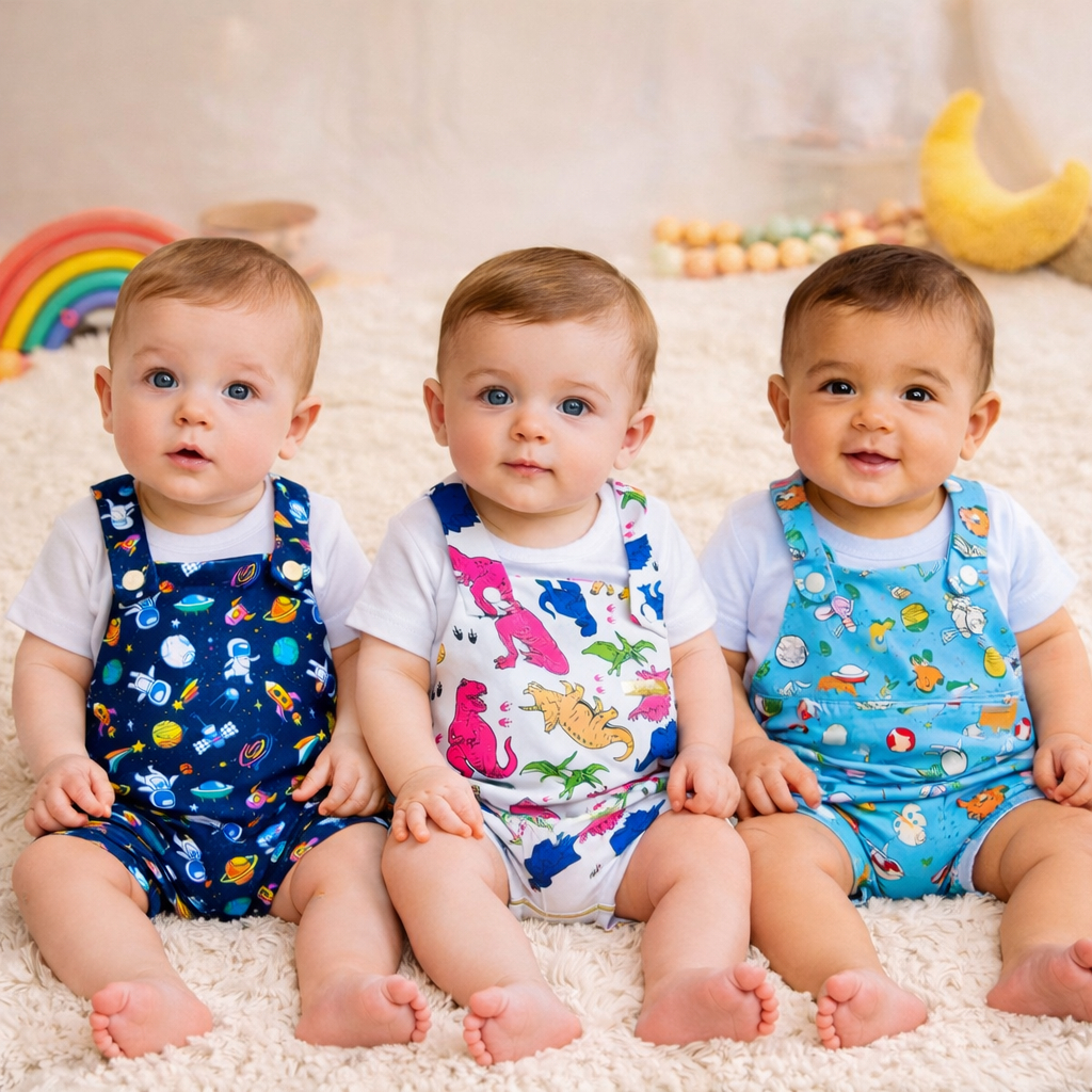Conjunto Macacão Estampado de tactel e Camiseta Lisa de algodão