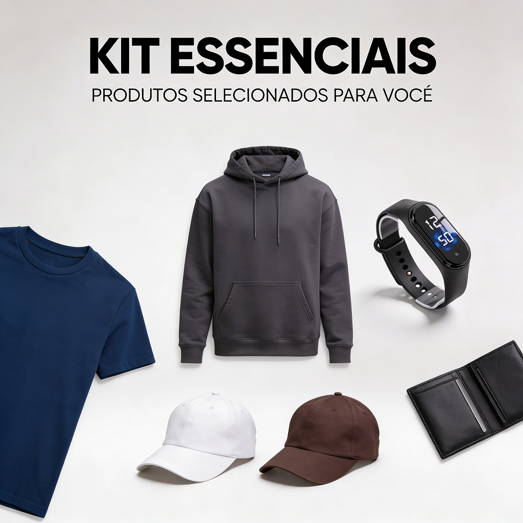 Kit Masculino 6 Peças Camiseta + Moletom Cinza + Smartband+ 2 Bonés + Carteira Preta