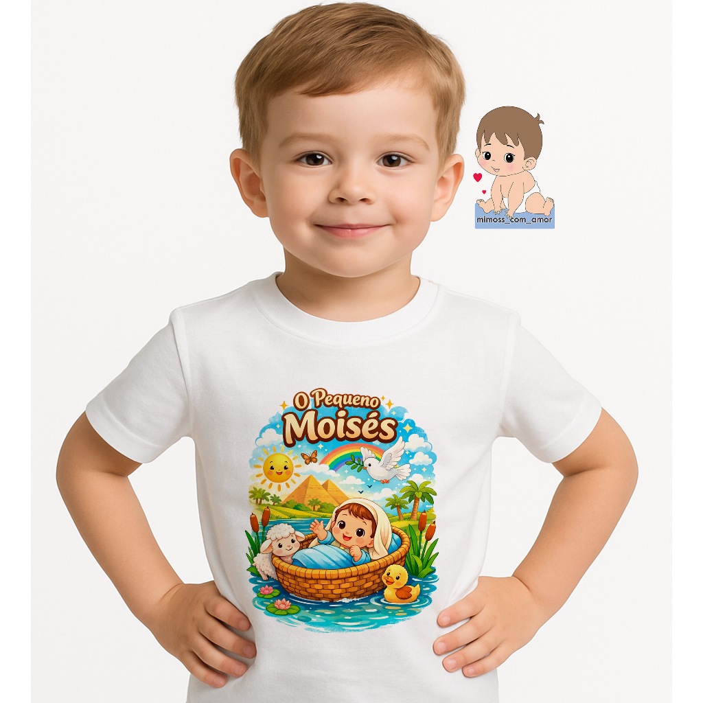 Camiseta de Criança Personalizada Bíblica O Pequeno Moisés Infantil Para Menino Ou Menina