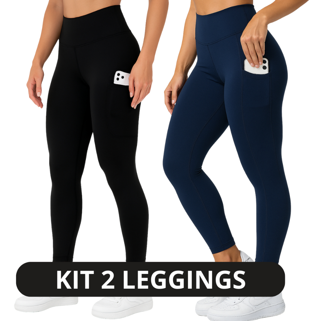 Kit 2 Calças Legging Com Bolso Lateral Academia Feminina Zero Transparência Cintura Alta Suplex