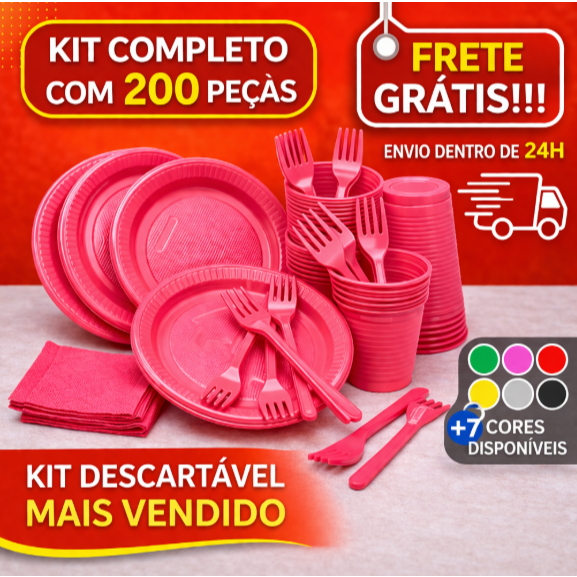 Kit Festa Completo 200 Peças Coloridas – Descartáveis para Aniversário e Eventos