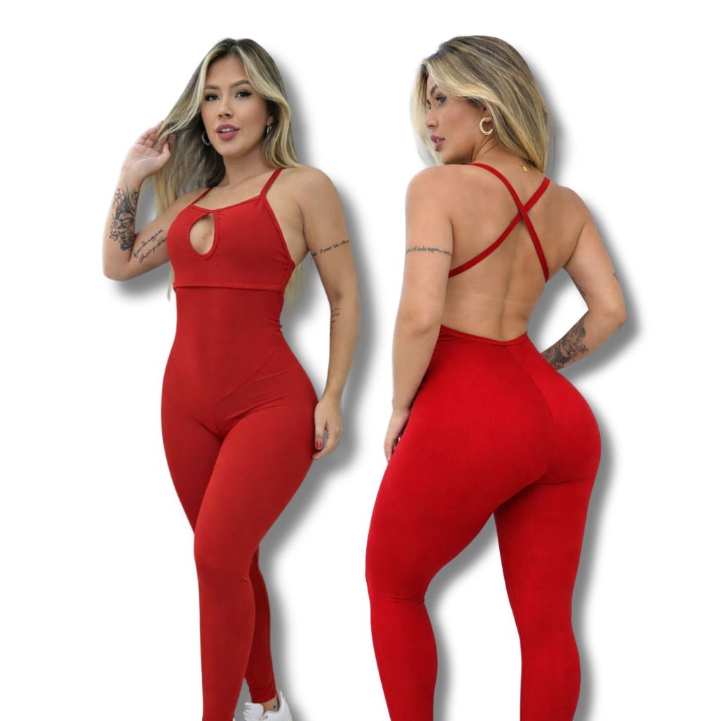 Macacão de Academia Feminino Longo Preto Fitness Cruzado nas Costas