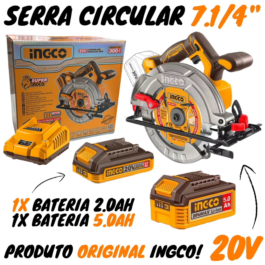 Serra Circular 7.1/4" 20v Brushless (CSLI18513-9) 2x Baterias - Ingco