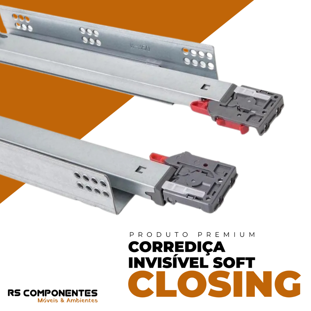 Par de Corrediça Invisível 50cm Soft Close 30kg Metalnox